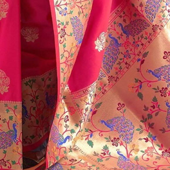JHEAPS STRAWBERRY PINK FLORAL PAITHANI SILK SAREE - Picture 3 of 3
